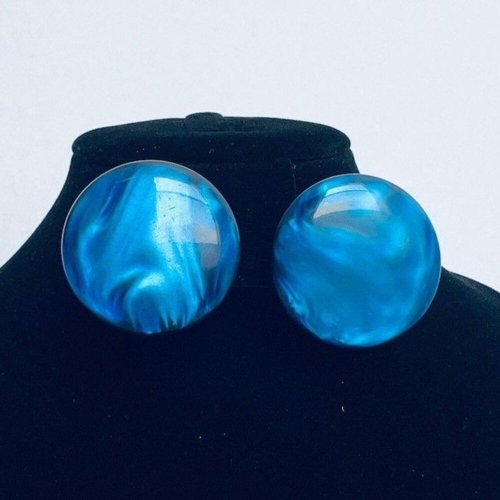 Vintage Blue Swirl Disc Clip-On Earrings Womens Round Statement Retro Mod 50s